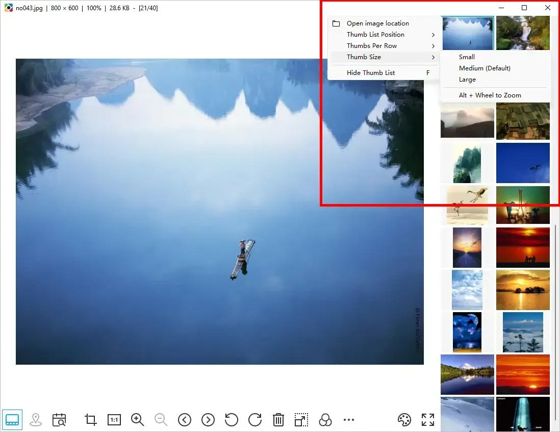 PhoXoSee displaying a lake photograph with a right-side thumbnail list, thumbnail-size menu and bottom image toolbar