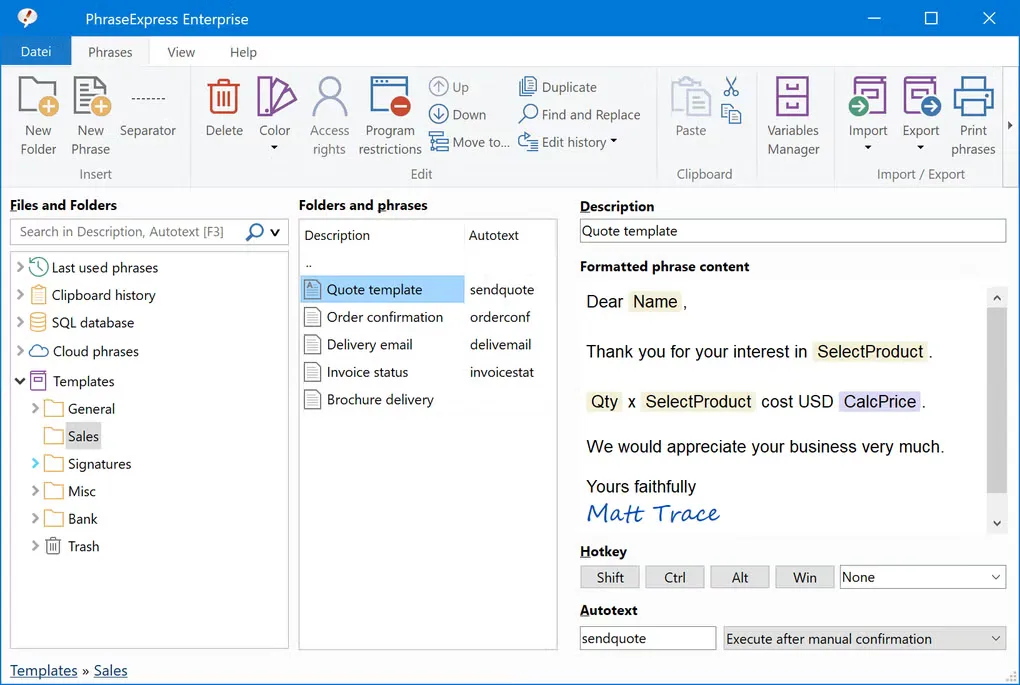 PhraseExpress Enterprise editor with a sales quote template, phrase folders, formatted text and autotext settings.