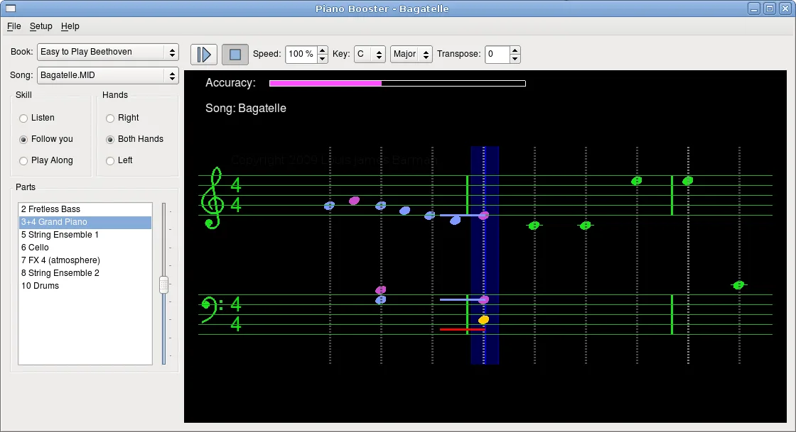 Publisher's Linux screenshot of Piano Booster playing Bagatelle, with scrolling notation, hand selection, MIDI parts and speed controls; not a Mac screenshot.