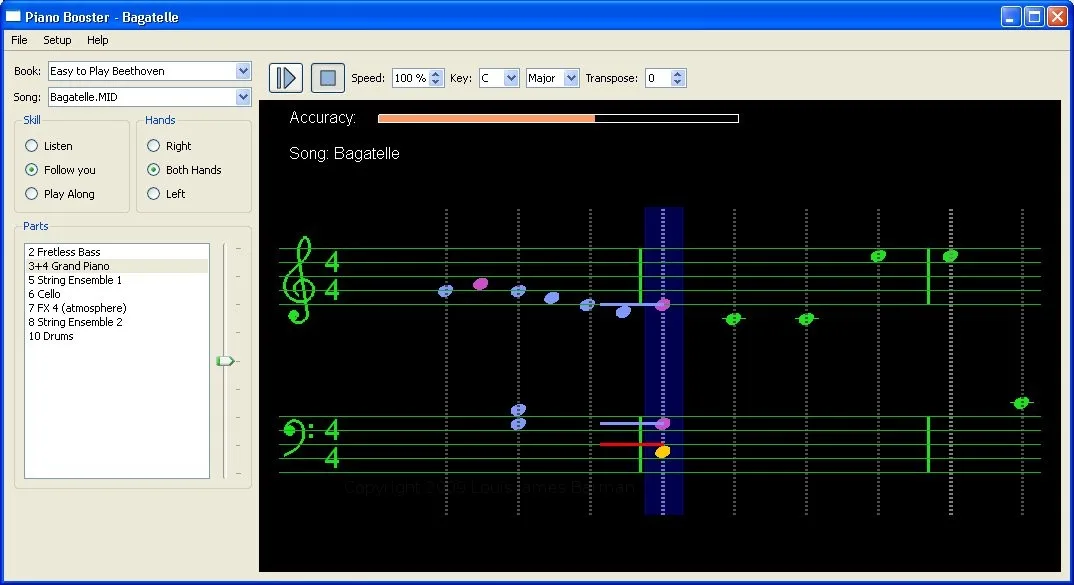 Publisher's historical Piano Booster Windows screenshot showing Bagatelle notation, Follow you mode, hand selection and playback controls