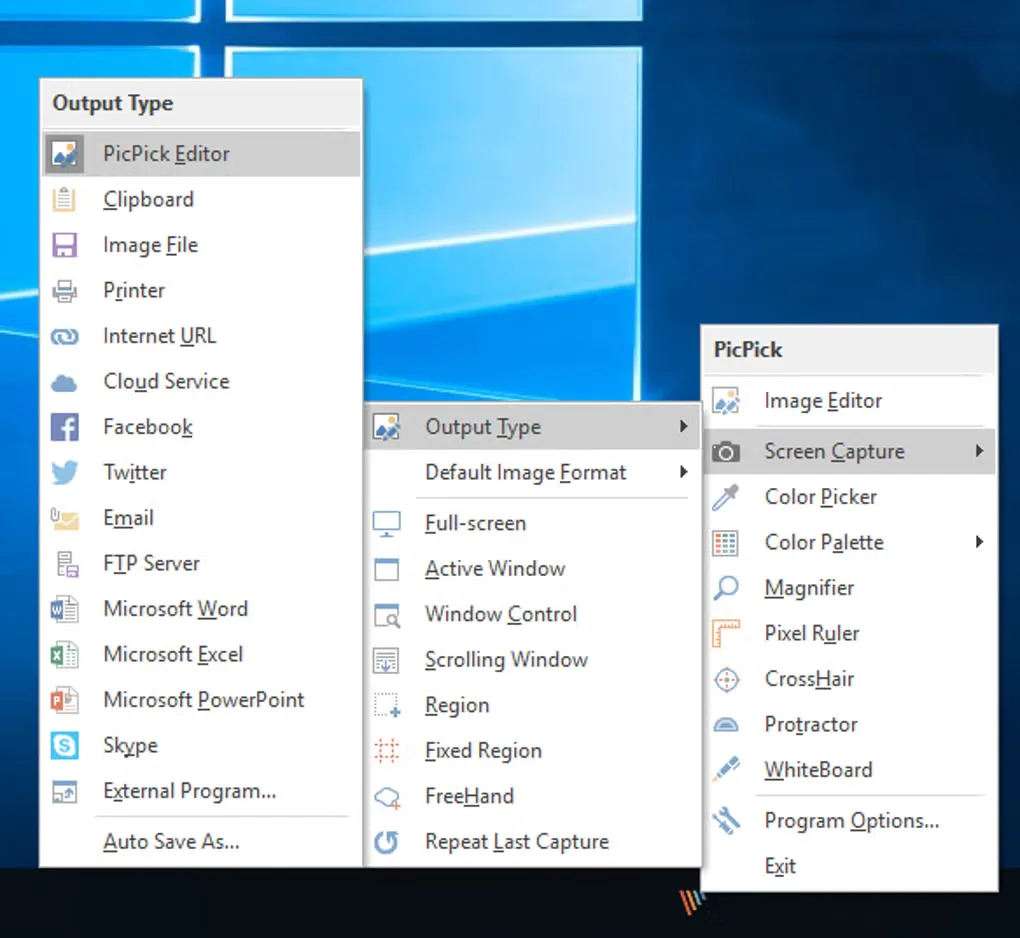 PicPick on Windows with expanded Screen Capture and Output Type menus, including scrolling-window capture and image-file output