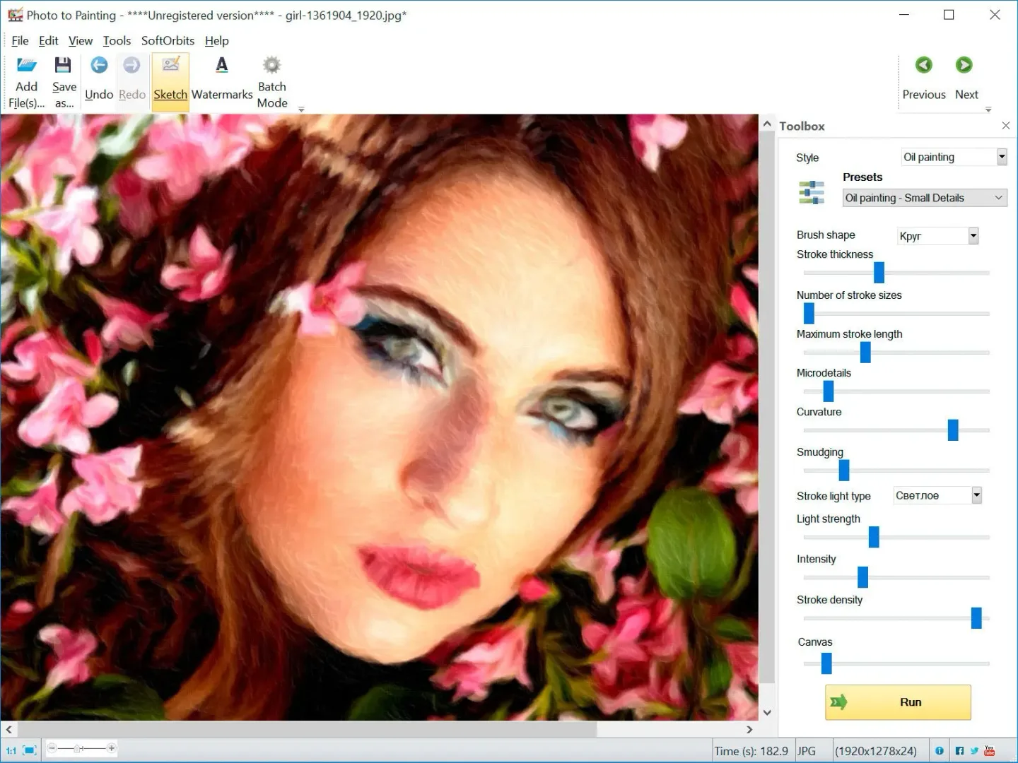 Picture to Painting Converter showing an oil-painted portrait, adjustable brush and canvas controls, watermark tools and Batch Mode.