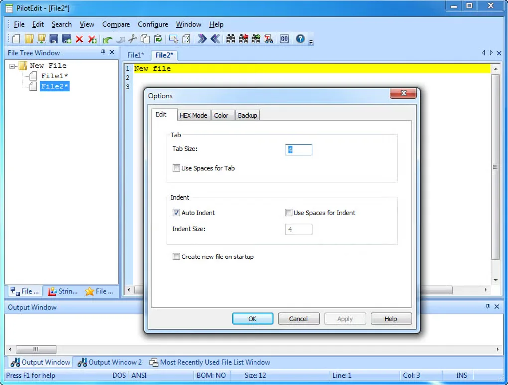 PilotEdit on Windows with a file tree, tabbed editor and Options dialog for tab size and indentation