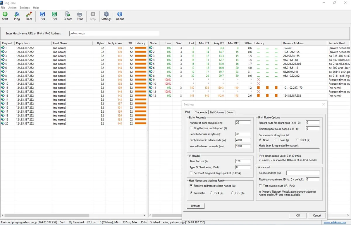 PingTrace on Windows showing ping replies, traceroute hops and latency bars, with the Ping Settings dialog open.