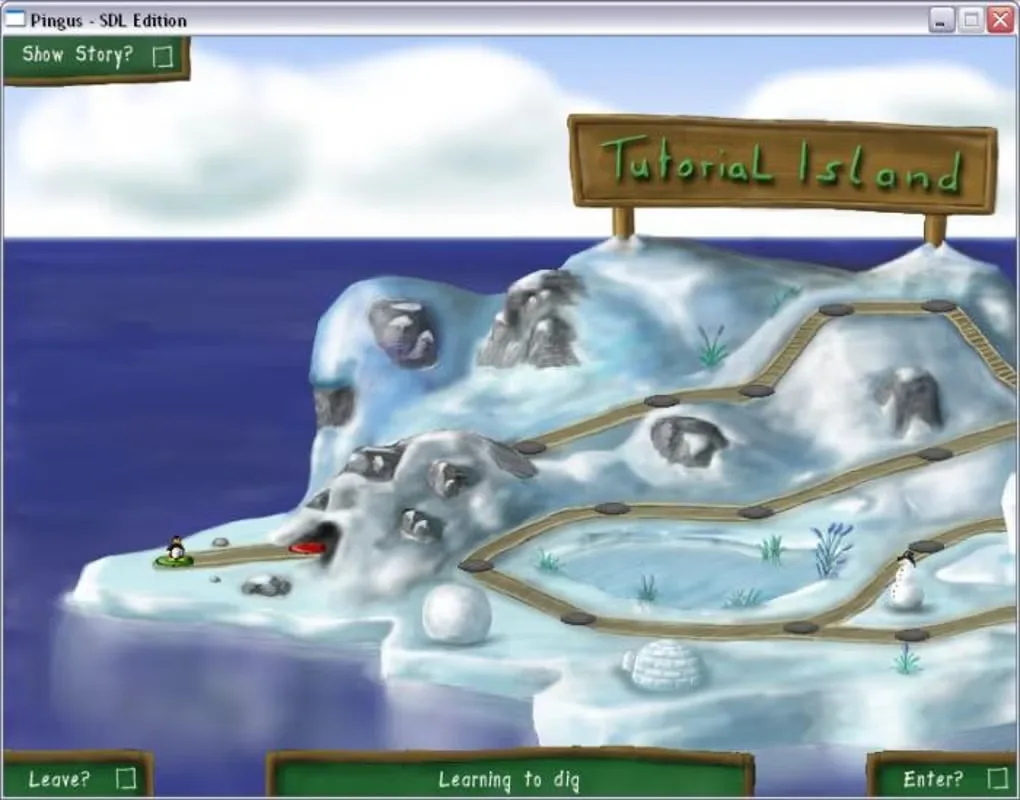 Pingus SDL Edition on Windows showing the snowy Tutorial Island map with the Learning to dig level selected