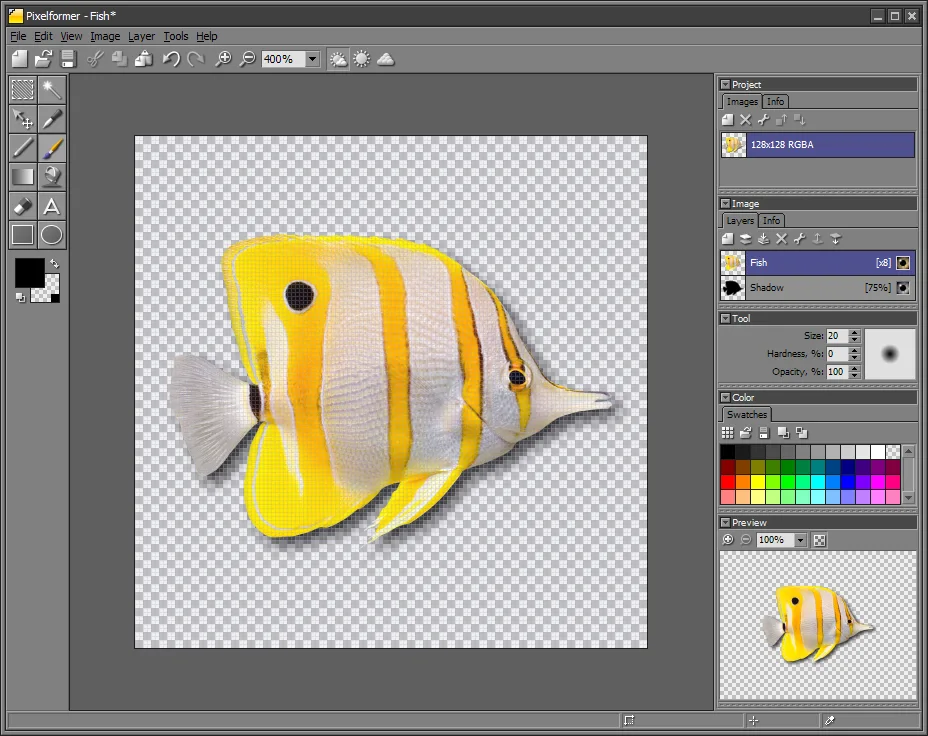 Pixelformer editing a yellow fish on a transparency grid, with project, layers, color and preview panels visible