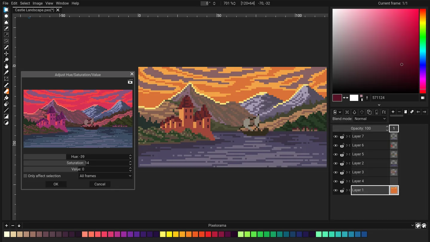 Pixelorama desktop editor showing castle pixel art, a hue and saturation adjustment dialog, layers and a color palette.