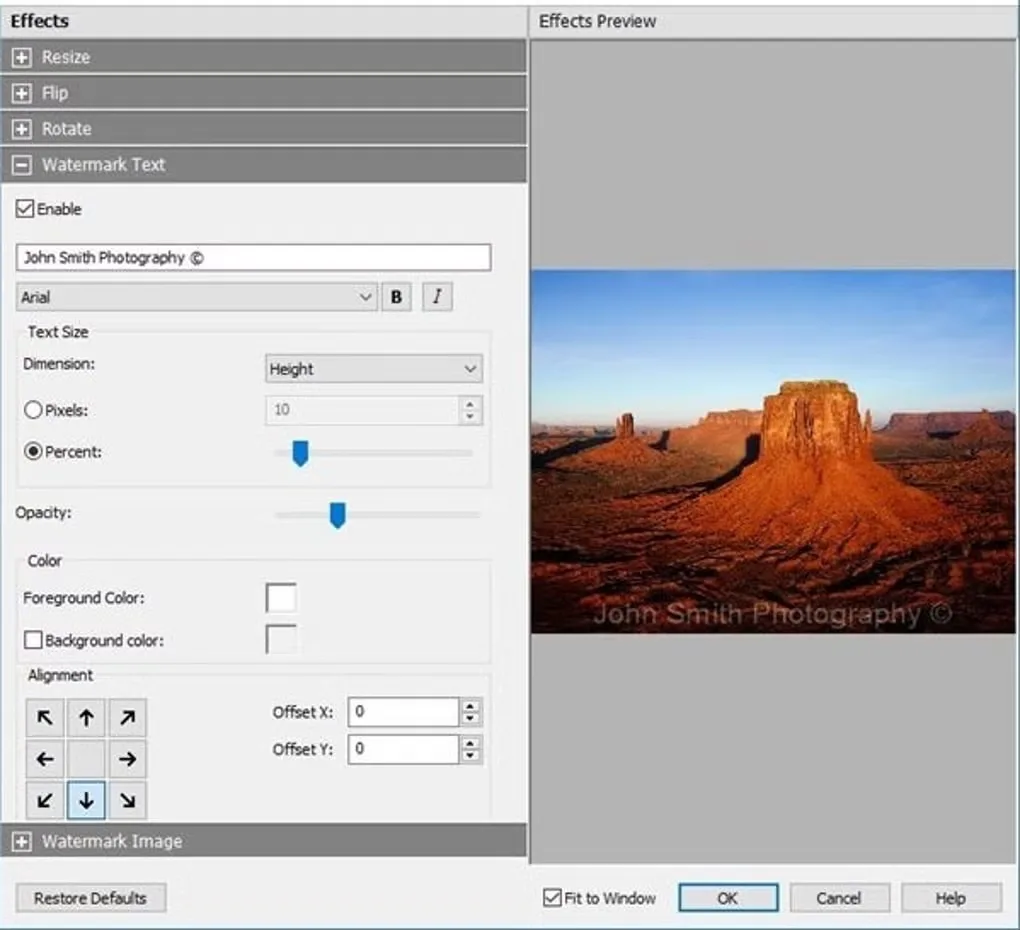 Pixillion Windows effects dialog supplied on the Mac listing, showing text watermark settings and a desert preview