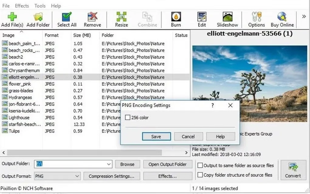 Pixillion Windows interface supplied on the Mac listing, showing a PNG encoding settings dialog over the image queue