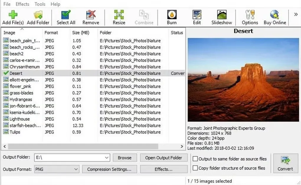 Pixillion Windows interface supplied on the Mac listing, showing a batch image queue, desert preview and PNG output controls