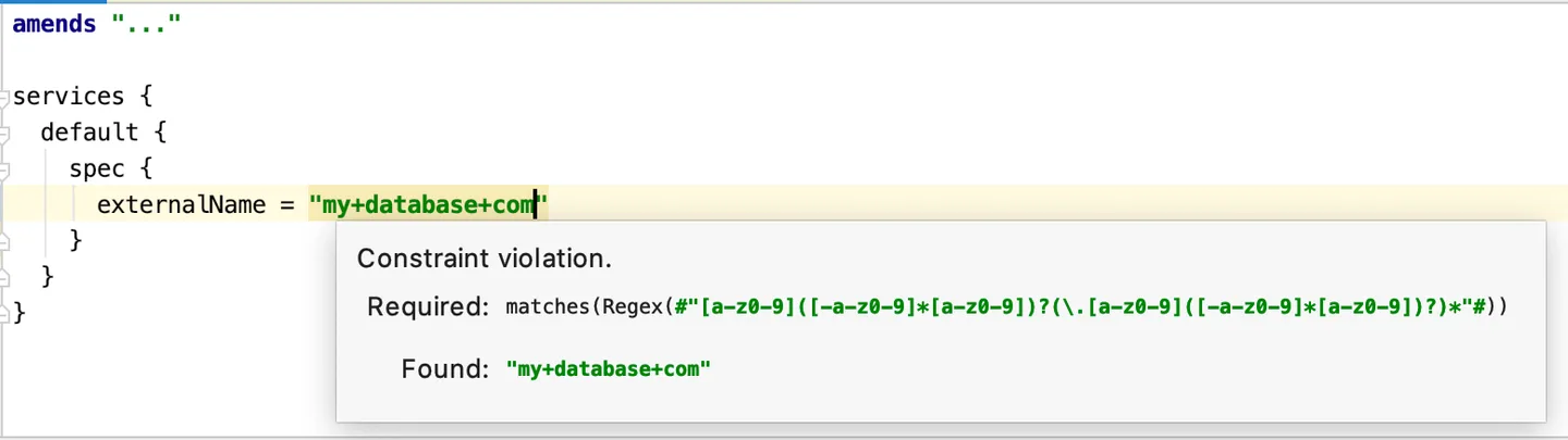 Pkl IntelliJ plugin editor detail showing an externalName value and a constraint-violation diagnostic; separate from the Windows CLI