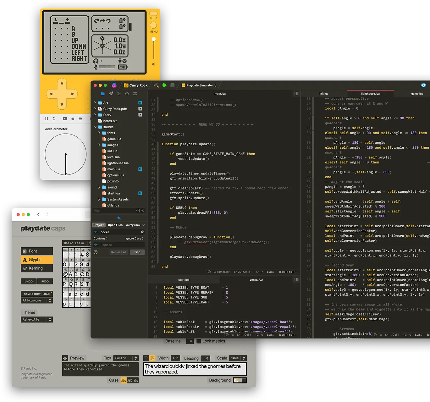 Publisher illustration of the Playdate Simulator, Lua code in a macOS editor and a browser font tool; not a Windows installation capture