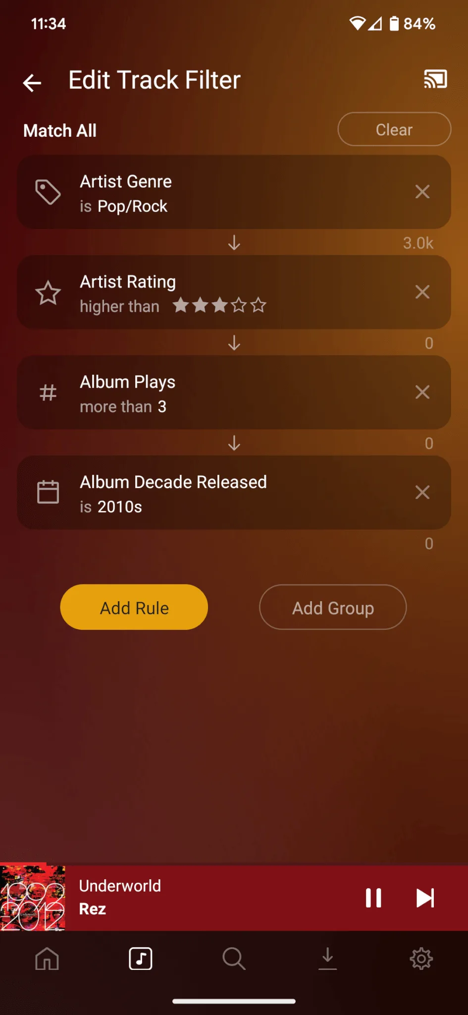 Publisher's Plexamp Android smart-playlist editor with genre, rating, play-count and decade rules; interface illustration, not a Windows capture