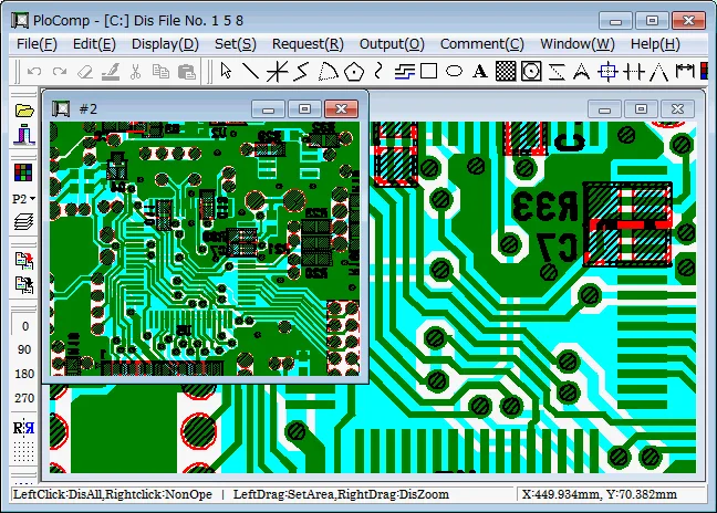 PloComp Windows interface displaying a green and cyan circuit-board drawing overlay with an inset detail window and red difference areas.