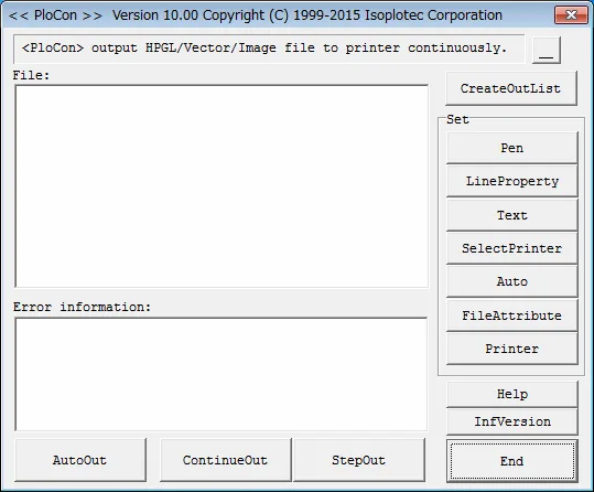 Publisher's PloCon version 10.00 screenshot showing printer settings and AutoOut, ContinueOut and StepOut controls