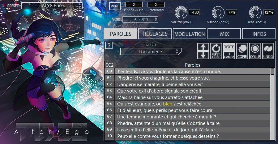 Alter/Ego interface with ALYS selected, French lyrics, synthesis controls and illustrated voice artwork