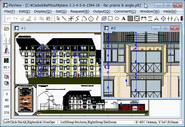 PloView Windows interface showing an architectural drawing with an overlapping enlarged detail window