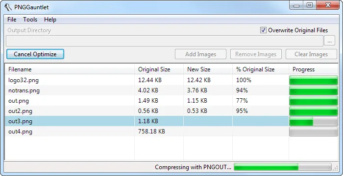 PNGGauntlet on Windows showing a batch of PNG files, original and new file sizes, and compression progress bars.