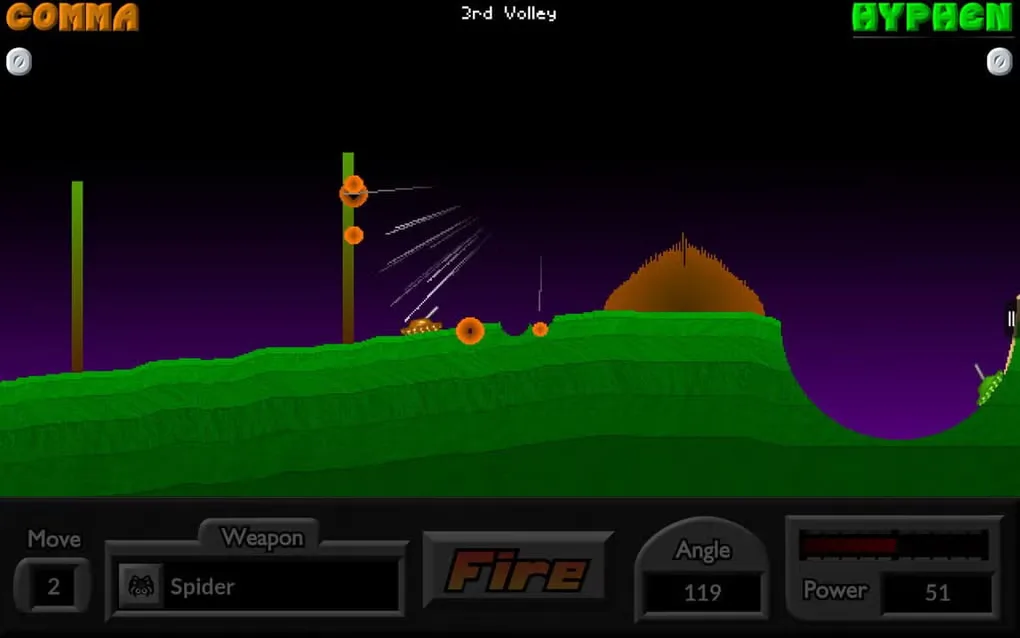 Pocket Tanks gameplay with tanks on green terrain, Spider weapon selected, and angle, power and Fire controls.