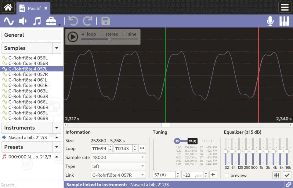 Polyphone sample editor showing a waveform, loop markers, sample list, tuning controls and equalizer