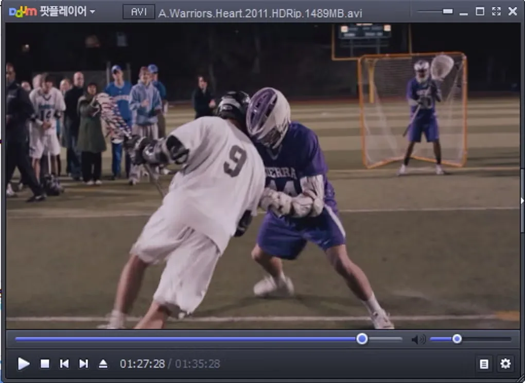 Older Daum PotPlayer window playing a lacrosse video, with seek bar, volume slider and playback controls