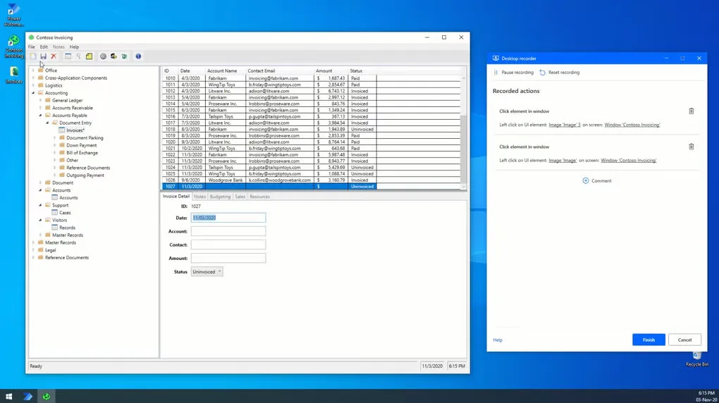 Power Automate Desktop recorder listing captured clicks beside the Contoso Invoicing application on Windows