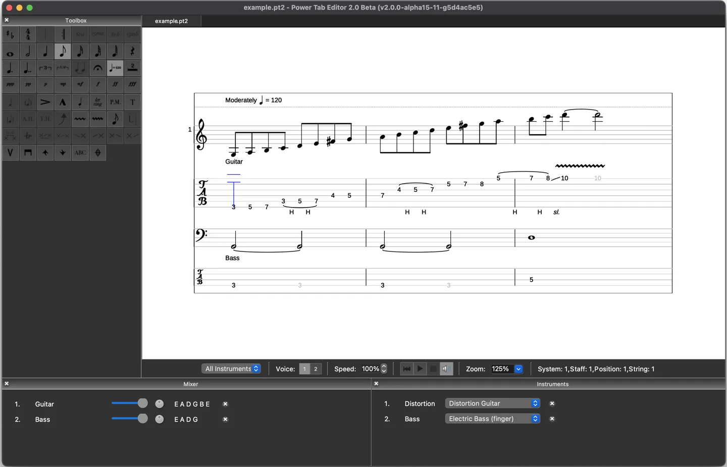 Publisher's historical macOS Power Tab Editor 2.0 beta screenshot with guitar and bass notation, tablature, toolbox and mixer; not Windows 2.0.22.