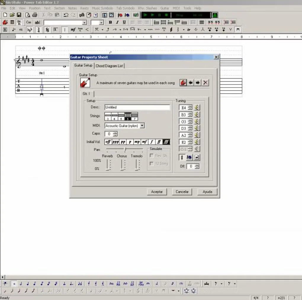 Historical Power Tab Editor 1.7 on Windows with a Guitar Property Sheet dialog over notation and tablature; not the linked 2.0.22 release.