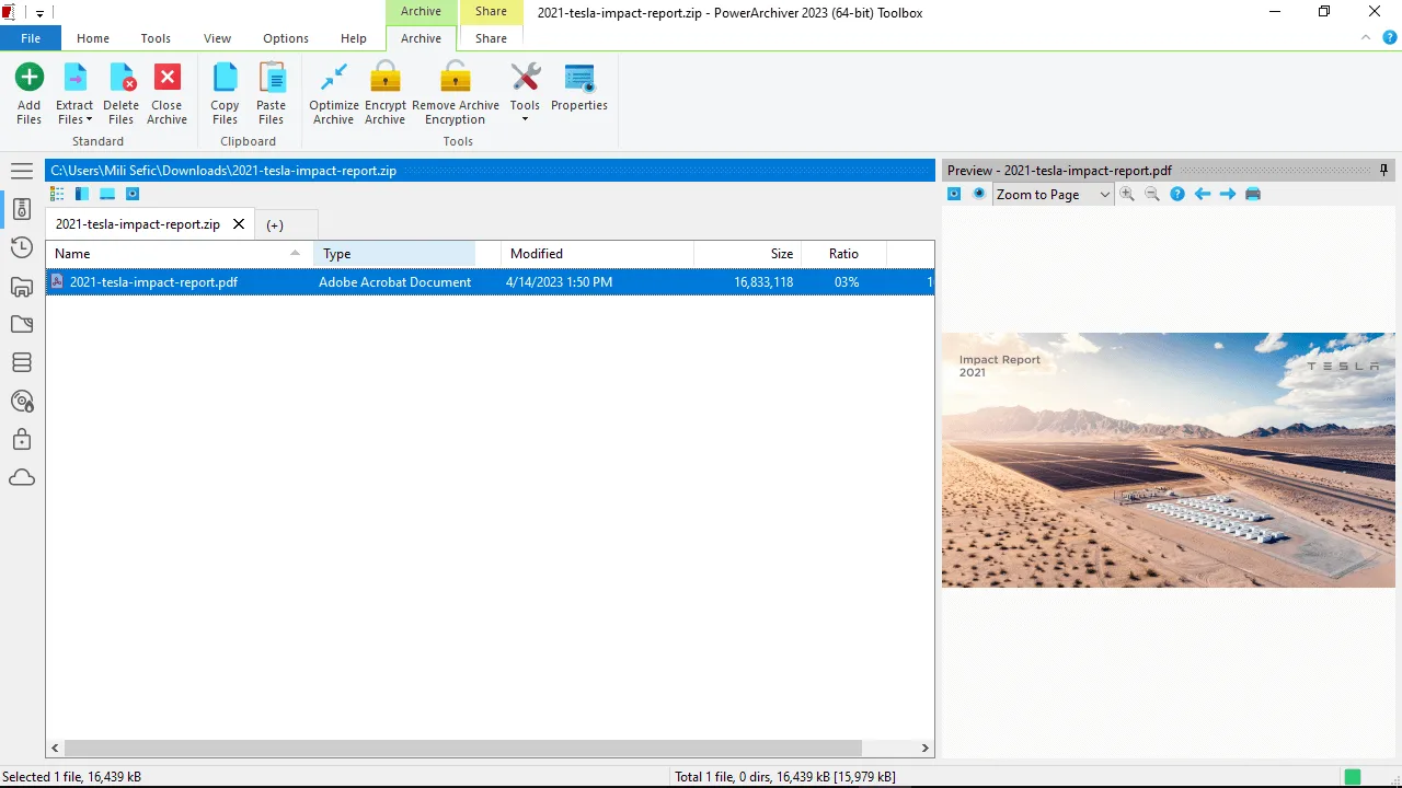 PowerArchiver 2023 Toolbox on Windows showing an open ZIP archive, ribbon controls and a PDF preview pane.