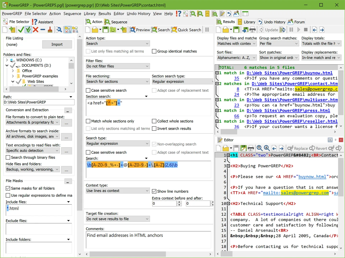 PowerGREP search interface with a file selector, regular-expression action, matching HTML files and source editor