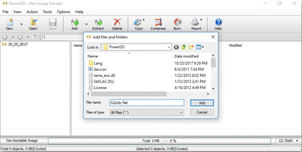 PowerISO on Windows with an empty disc image and the Add files and folders dialog open