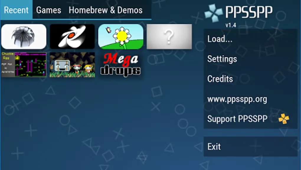 PPSSPP v1.4 menu with Recent, Games and Homebrew & Demos tabs, demo thumbnails and Settings; older interface shown in the Android source gallery.