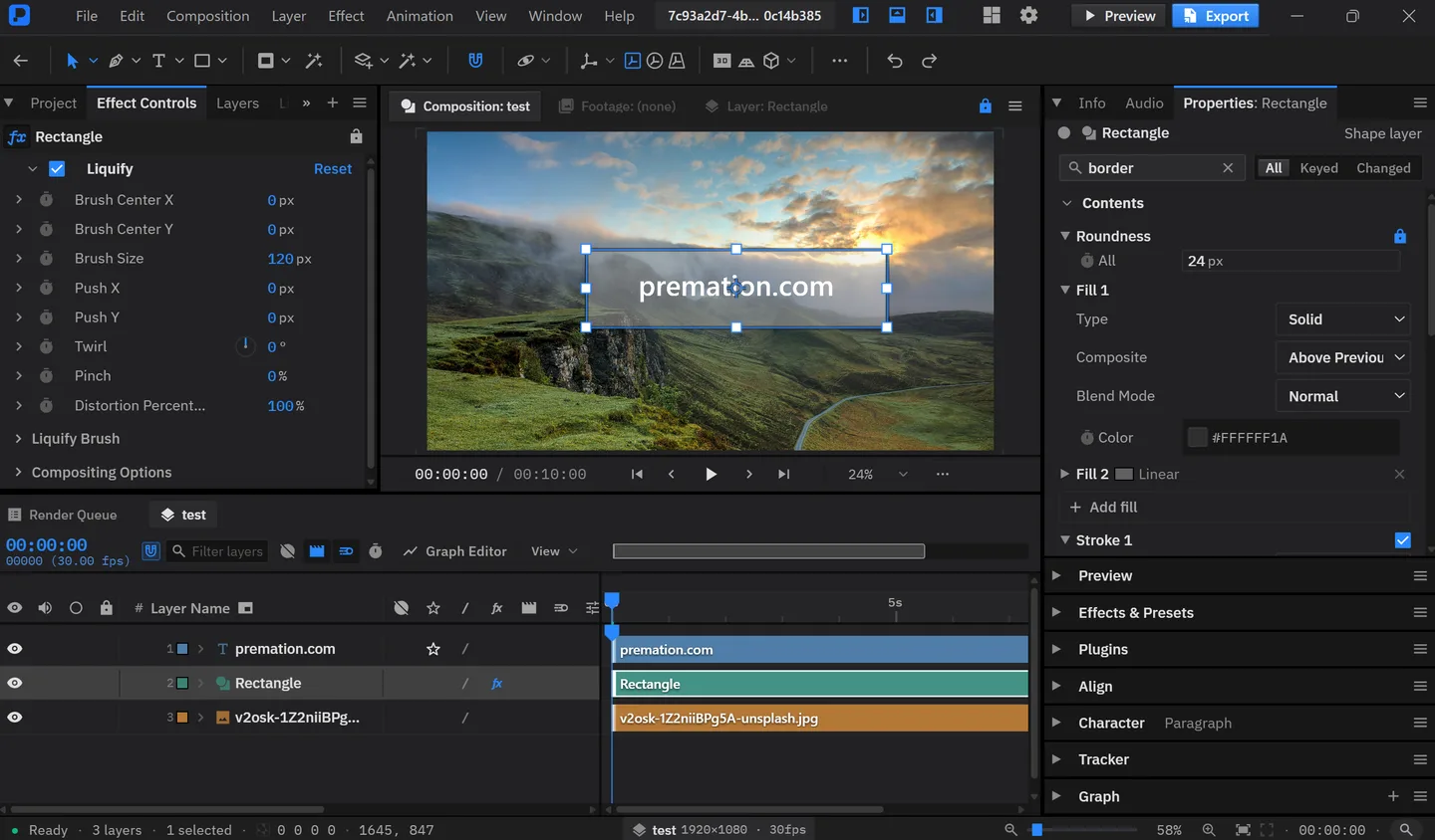 Premation Windows editor showing a landscape composition, text and rectangle layers, effect controls and timeline