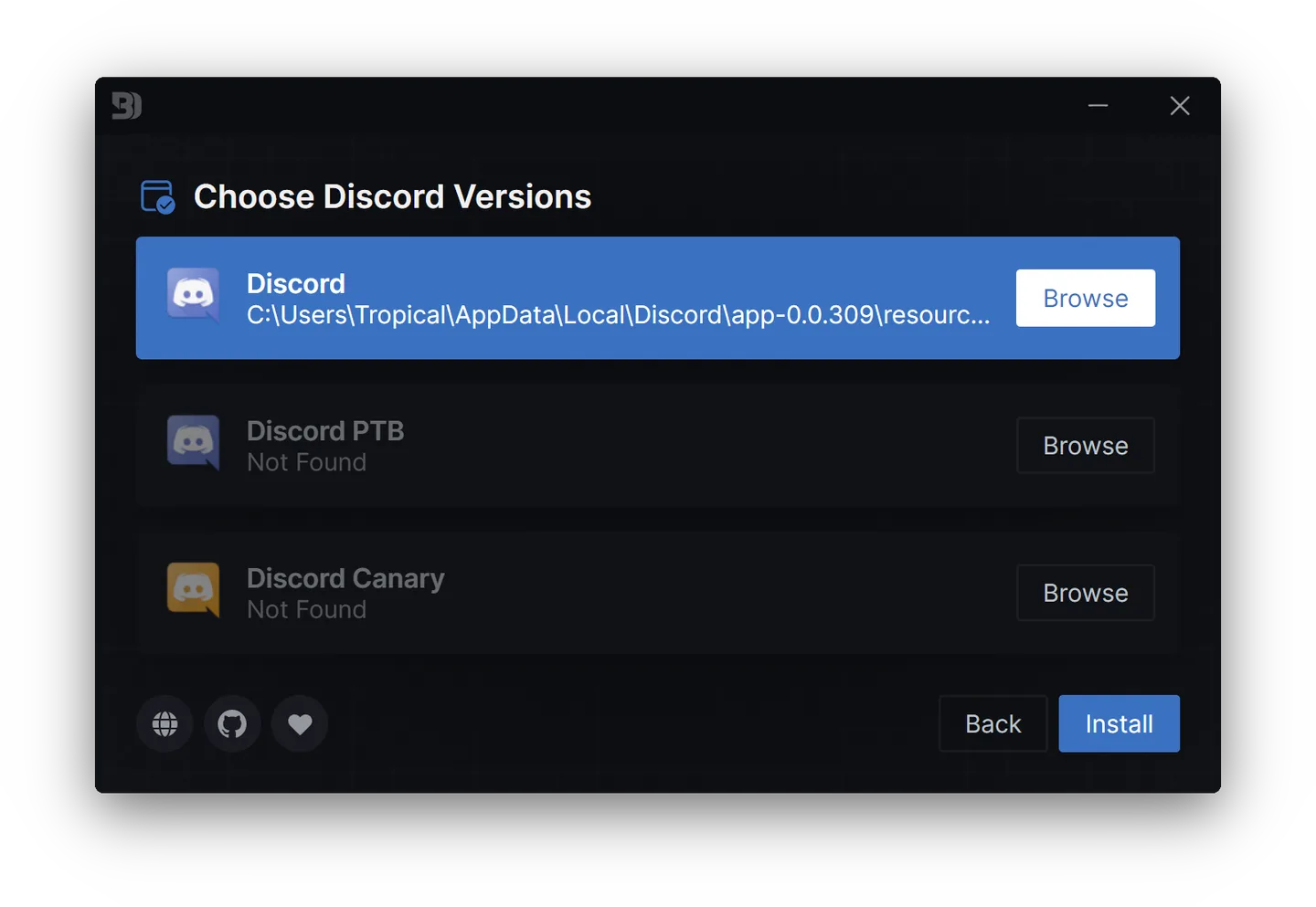 BetterDiscord installer channel selection showing Discord, Discord PTB and Discord Canary; publisher README preview.