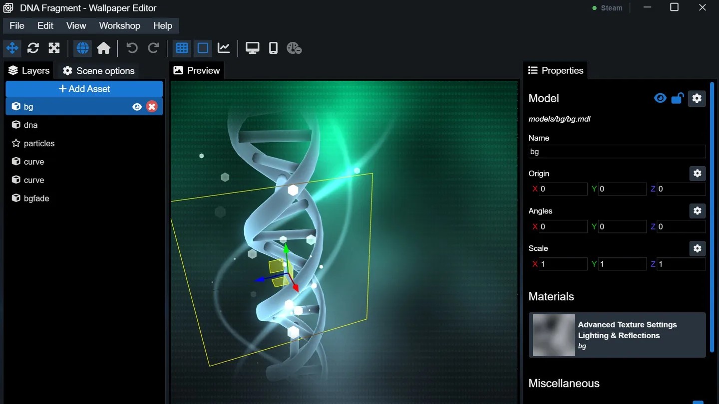 Wallpaper Engine editor showing a DNA scene preview, layer list and model properties.