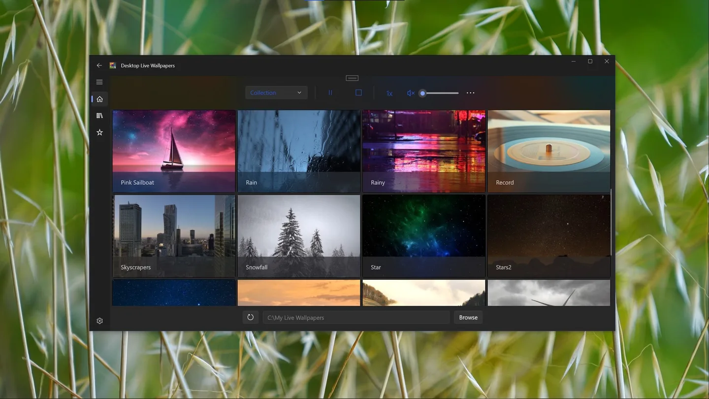 Desktop Live Wallpapers collection grid, playback controls and local-folder Browse button