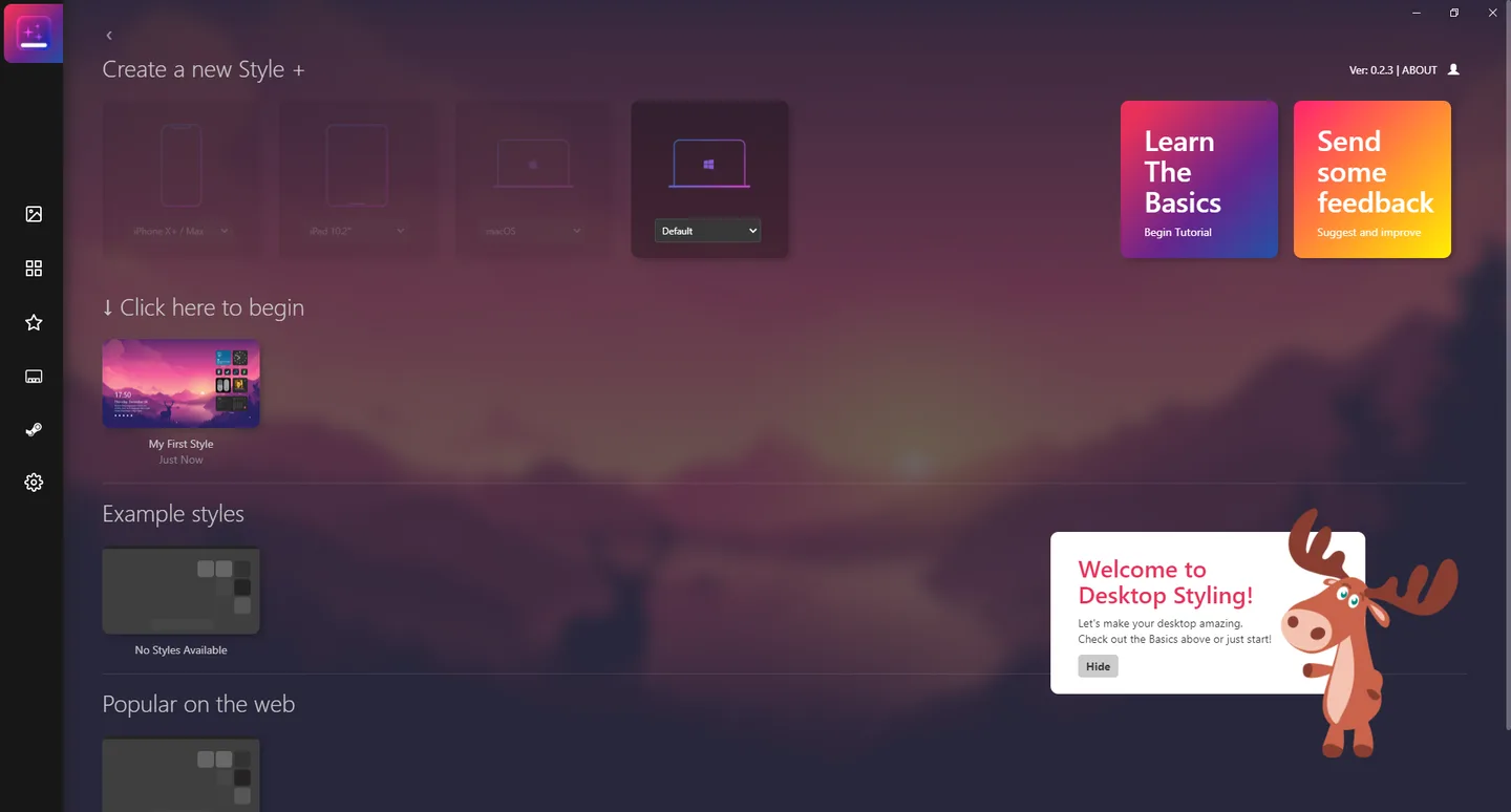 ScreenStyler 0.2.3 Create a new Style screen with Windows device selection and first-style tile