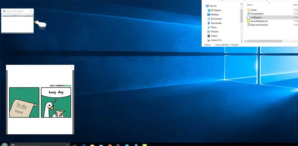 Desktop Goose on a Windows desktop with a goose, a note window and a meme window