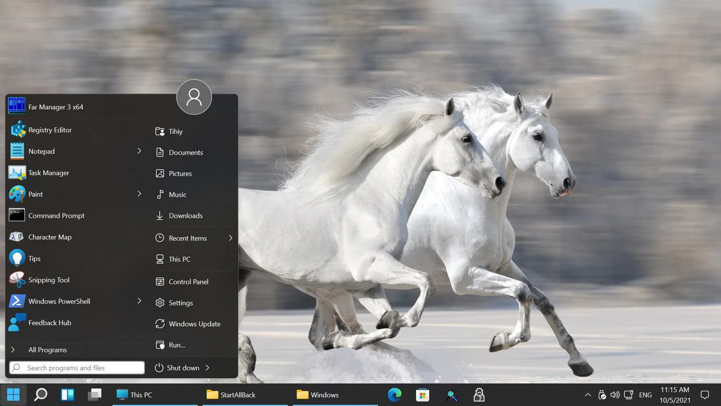 StartAllBack publisher screenshot showing a classic Start menu and labeled taskbar on Windows 11