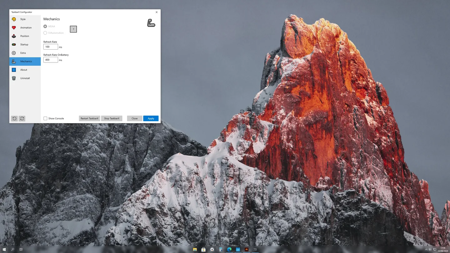 TaskbarX Configurator on the Mechanics tab with refresh-rate controls, Apply and Stop buttons, beside a centered Windows taskbar.