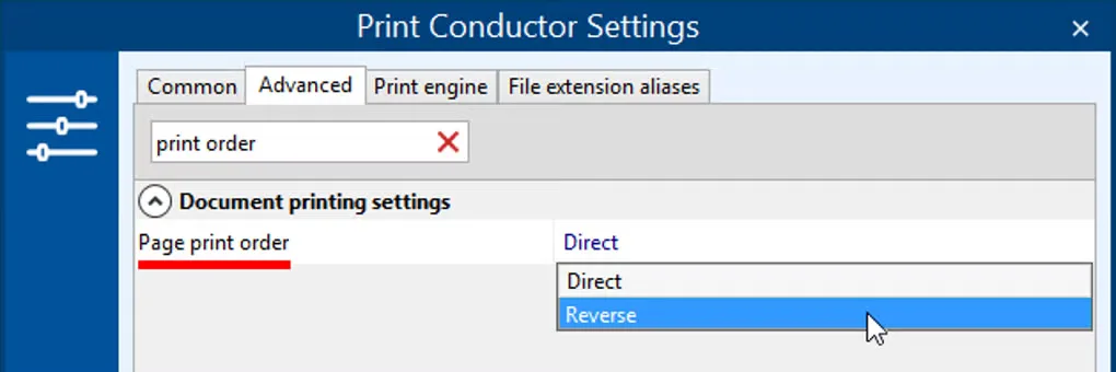 Print Conductor settings showing the page print order menu with Direct and Reverse options
