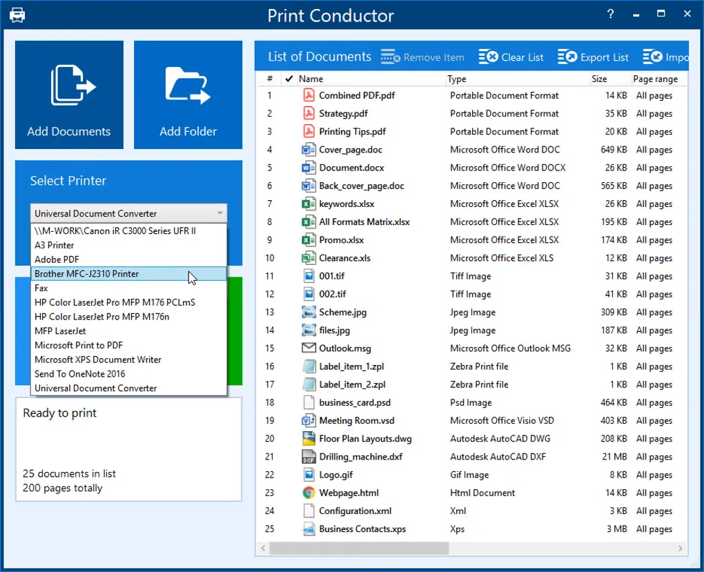 Print Conductor Windows interface with a mixed document list and an expanded printer selector; earlier source-listing interface