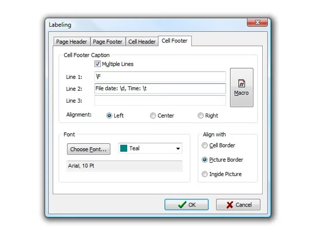 PrintStation Labeling dialog with cell-footer caption macros, font settings and alignment options