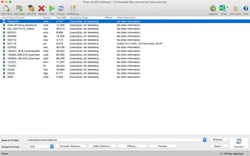 Prism on Mac showing queued videos, an MP4 output selector, encoder options, preview and Convert controls