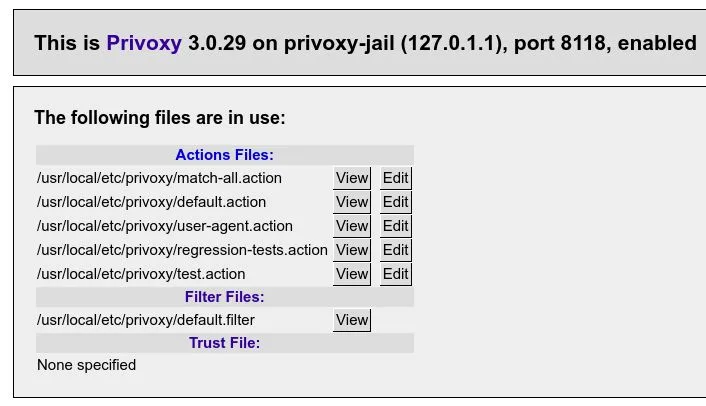 Historical Privoxy 3.0.29 browser interface listing active action and filter files with View and Edit controls; Unix-style paths, not the Windows package.