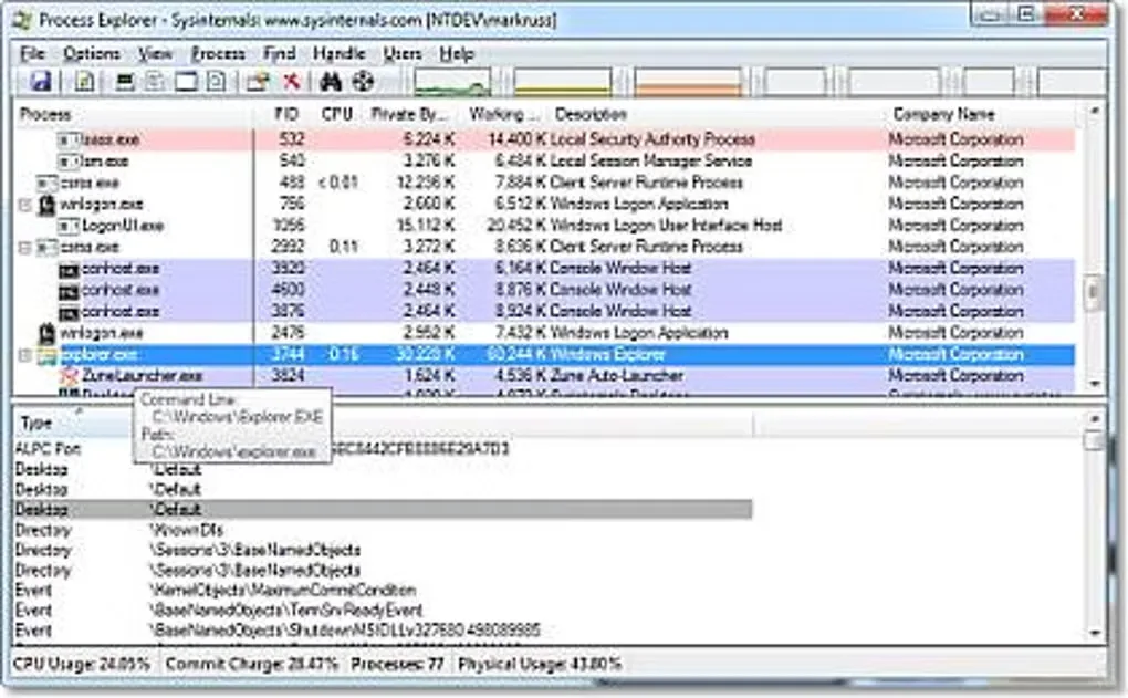 Historical Process Explorer Windows interface showing the process tree, selected explorer.exe process and lower handle pane.