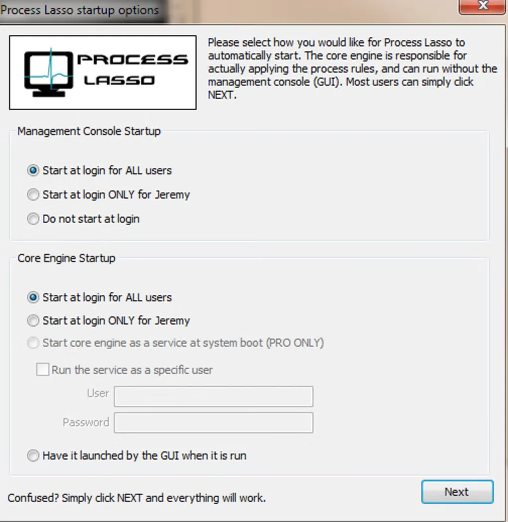 Older Process Lasso startup-options dialog showing separate management console and core engine startup choices.