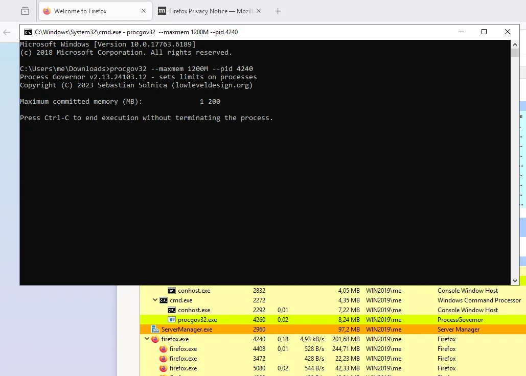 Historical Process Governor v2.13 console showing a 1,200 MB committed-memory limit, with Firefox and a process list behind it.