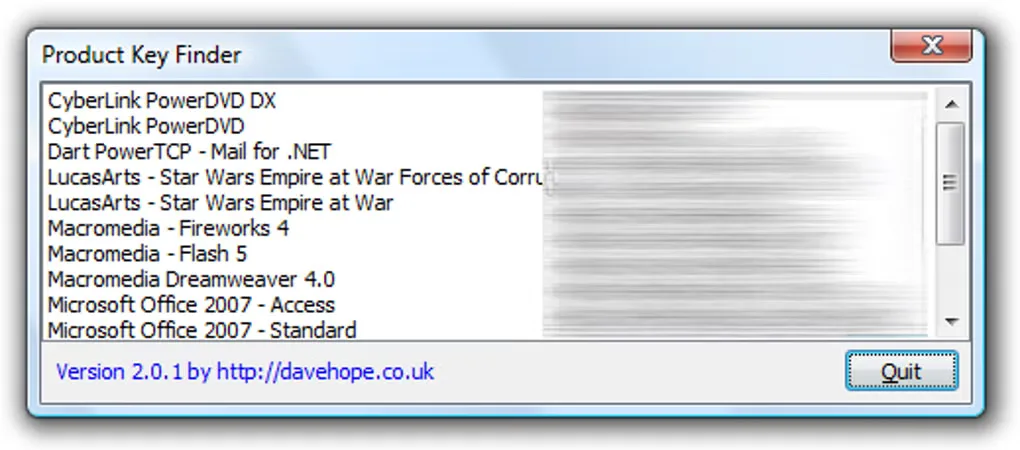 Older Product Key Finder 2.0.1 window listing applications with license values obscured in the source image