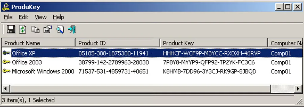 ProduKey window listing Office and Windows entries with Product Name, Product ID and Product Key columns